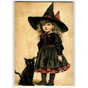 Vintage Halloween Witch Girl with Black Cat Photochrome Postcard